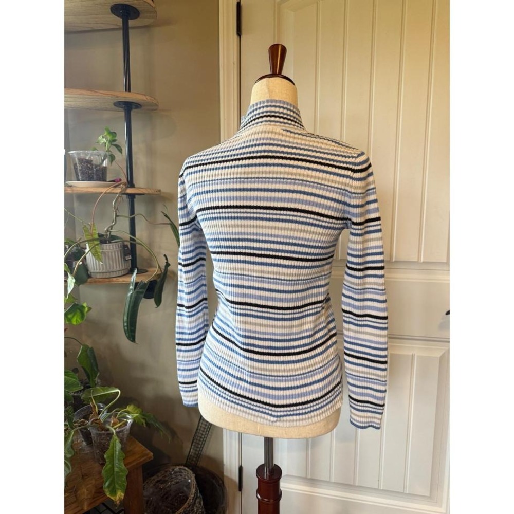 Studio Works Blue White Black Striped Mock Neck Long Sleeve Knit Sweater Size S - Picture 2 of 4